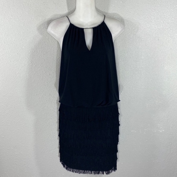 Cache black fringe tiered skirt blouson halter dress 4 D3 - Picture 7 of 11